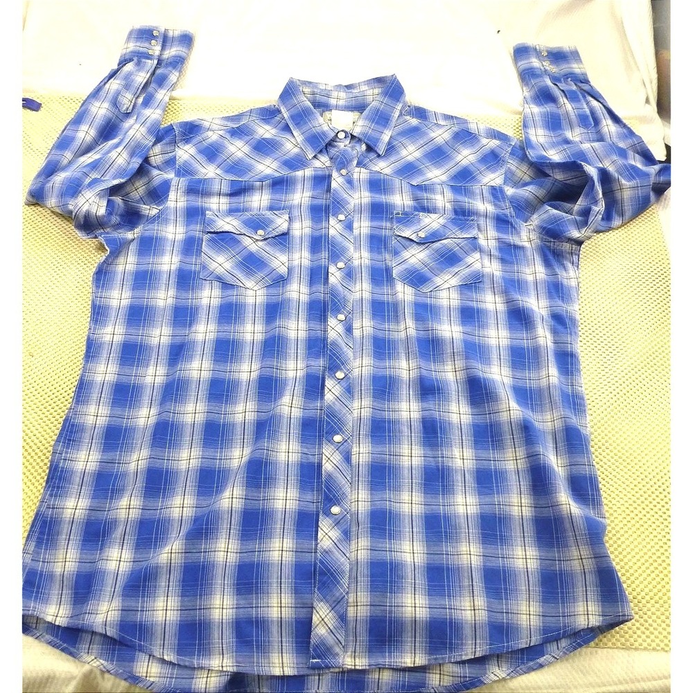 Wrangler Wrancher Mens XLT Blue Plaid Western Long Sleeve Snap Shirt MTW1462